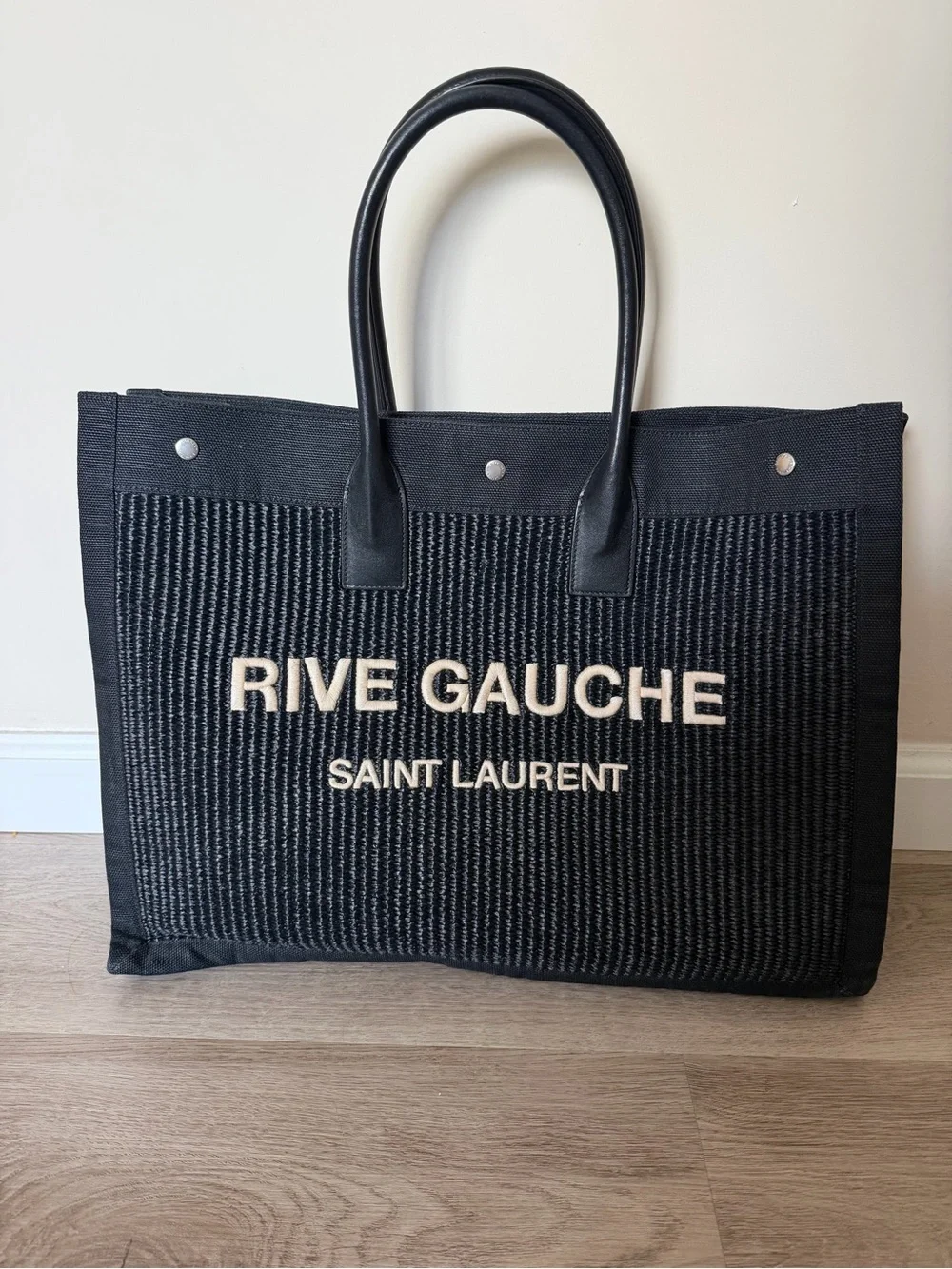 Saint Laurent Black Tote with Cream Logo Embroidery